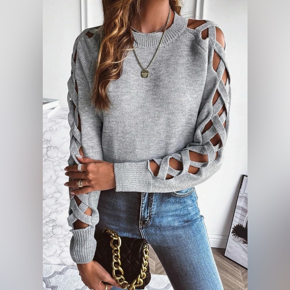 Women’s Medium SHEIN Gray Crew Neck Sweater with Lattice Sleeves